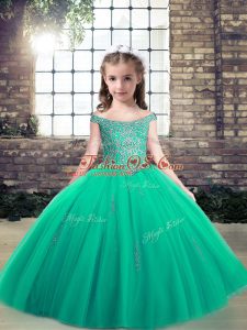 Turquoise Tulle Lace Up Off The Shoulder Sleeveless Floor Length Kids Pageant Dress Appliques