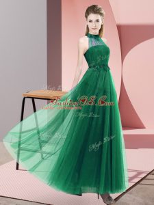 Beauteous Dark Green Damas Dress Wedding Party with Beading and Appliques Halter Top Sleeveless Lace Up