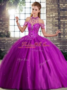 Superior Purple Lace Up Halter Top Beading Quinceanera Gown Tulle Sleeveless Brush Train