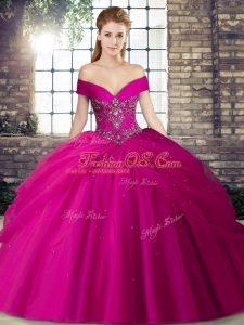 Amazing Tulle Off The Shoulder Sleeveless Brush Train Lace Up Beading and Pick Ups Vestidos de Quinceanera in Fuchsia