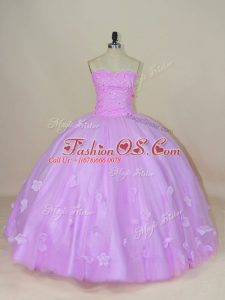 Lilac Ball Gowns Hand Made Flower Quinceanera Dress Lace Up Tulle Sleeveless Floor Length