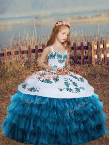 On Sale Blue Straps Lace Up Embroidery and Ruffled Layers Little Girls Pageant Gowns Sleeveless