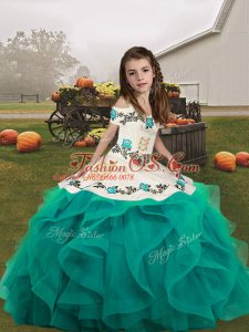 Straps Sleeveless Little Girl Pageant Dress Floor Length Embroidery Teal Tulle