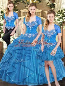 Blue Three Pieces Tulle Sweetheart Sleeveless Beading and Ruffles Floor Length Lace Up Vestidos de Quinceanera