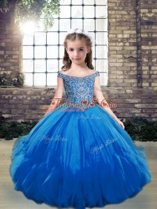 Off The Shoulder Sleeveless Tulle Little Girls Pageant Dress Beading Lace Up