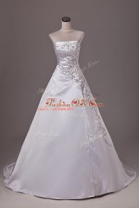 Flare White Wedding Gown Taffeta Brush Train Sleeveless Embroidery