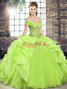 Sleeveless Organza Floor Length Lace Up Quince Ball Gowns in Yellow Green with Beading and Ruffles