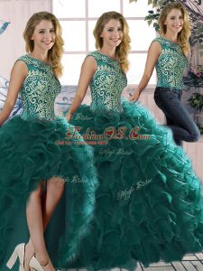Peacock Green Lace Up Scoop Beading and Ruffles Sweet 16 Quinceanera Dress Organza Sleeveless