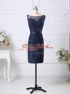 Column/Sheath Prom Dresses Navy Blue Scoop Satin Sleeveless Knee Length Zipper