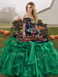 Super Green Lace Up Off The Shoulder Embroidery and Ruffles Quinceanera Gown Organza Sleeveless