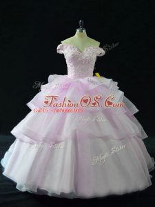 Sleeveless Organza Brush Train Lace Up Quinceanera Gowns in Lilac with Beading and Ruffled Layers