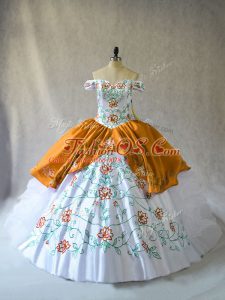 Trendy Sleeveless Organza Floor Length Lace Up Quinceanera Gowns in Gold with Embroidery and Ruffles