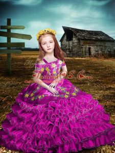Fuchsia Short Sleeves Embroidery and Ruffled Layers Floor Length Little Girls Pageant Gowns