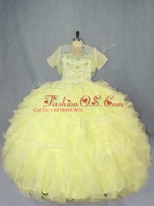 Sleeveless Organza Floor Length Lace Up Sweet 16 Dress in Yellow with Beading and Ruffles