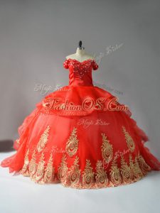 Organza Off The Shoulder Sleeveless Court Train Lace Up Appliques and Hand Made Flower Vestidos de Quinceanera in Red