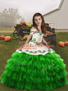 Straps Neckline Embroidery and Ruffled Layers Pageant Dress for Teens Sleeveless Lace Up