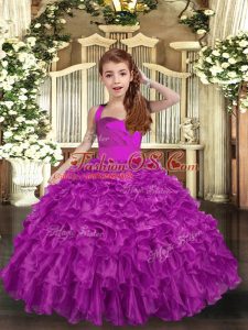 Sleeveless Floor Length Ruffles and Ruching Lace Up Little Girls Pageant Dress with Fuchsia