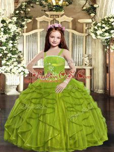 Olive Green Ball Gowns Beading and Ruffles Little Girl Pageant Gowns Lace Up Tulle Sleeveless Floor Length