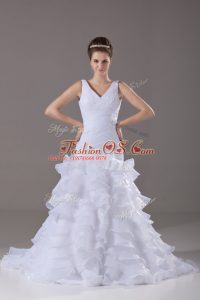Cute White V-neck Lace Up Ruffled Layers Bridal Gown Brush Train Sleeveless
