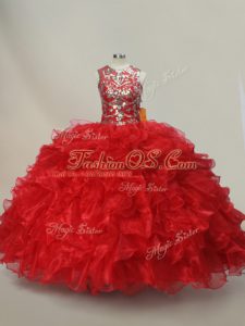 Sleeveless Floor Length Ruffles and Sequins Lace Up Quinceanera Dresses with Red