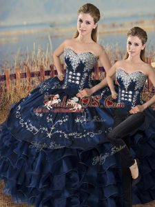 Two Pieces Ball Gown Prom Dress Navy Blue Sweetheart Satin and Organza Sleeveless Floor Length Lace Up