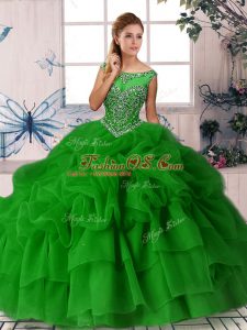 Customized Ball Gowns Sleeveless Green Sweet 16 Dress Brush Train Zipper