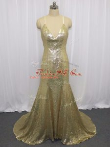 Best Selling Champagne Sequined Criss Cross Spaghetti Straps Sleeveless Brush Train Sequins
