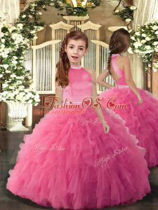 Rose Pink Sleeveless Floor Length Beading and Ruffles Backless Evening Gowns