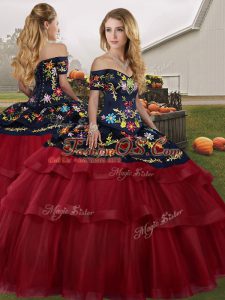 Wine Red Off The Shoulder Lace Up Embroidery and Ruffled Layers Quinceanera Dress Brush Train Sleeveless