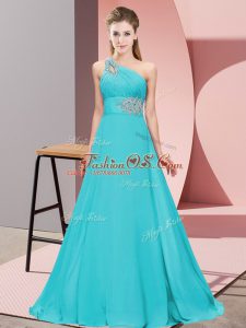 Aqua Blue Column/Sheath One Shoulder Sleeveless Beading Floor Length Lace Up Dress for Prom