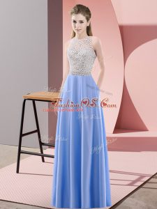 Scoop Sleeveless Dress Like A Star Floor Length Beading Blue Satin