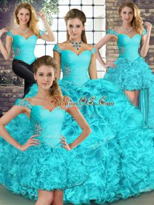 Popular Aqua Blue Sleeveless Floor Length Beading and Ruffles Lace Up Quinceanera Dress