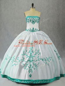 White Ball Gowns Strapless Sleeveless Satin Floor Length Lace Up Embroidery 15th Birthday Dress