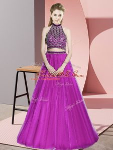 Fashionable Floor Length Fuchsia Homecoming Dresses Halter Top Sleeveless