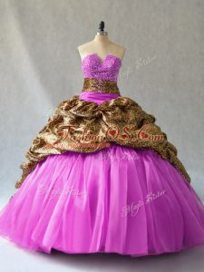 Best Selling Lilac Ball Gowns Organza and Printed V-neck Sleeveless Beading and Pick Ups Lace Up Quinceanera Gowns Brush Train