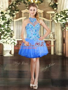 Embroidery Prom Dress Blue Lace Up Sleeveless Mini Length