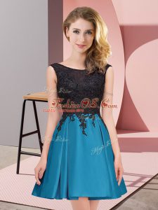 Nice Teal Satin Zipper Scoop Sleeveless Mini Length Quinceanera Dama Dress Lace