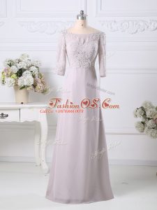 Inexpensive Pink Empire Scoop 3 4 Length Sleeve Chiffon Floor Length Zipper Beading and Embroidery Mother Of The Bride Dress