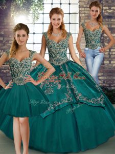 Colorful Teal Sleeveless Beading and Embroidery Floor Length Ball Gown Prom Dress
