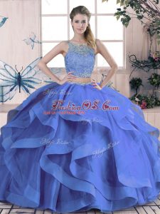 Sweet Blue Sleeveless Floor Length Beading and Ruffles Lace Up Sweet 16 Dress