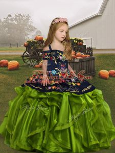 Olive Green Sleeveless Embroidery and Ruffles Floor Length Little Girls Pageant Gowns