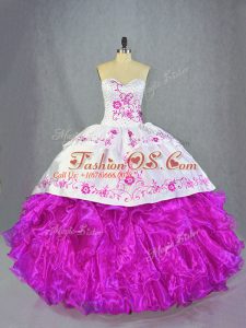 Deluxe Fuchsia Organza Lace Up Ball Gown Prom Dress Sleeveless Brush Train Beading and Embroidery and Ruffles