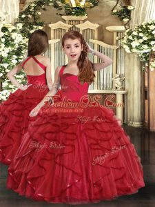 Red Sleeveless Floor Length Ruffles Lace Up Little Girl Pageant Dress