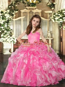 Fashion Rose Pink Sleeveless Organza Lace Up Kids Pageant Dress for Party and Sweet 16 and Wedding Party
