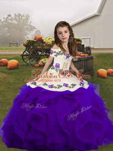 Sleeveless Organza Floor Length Lace Up Pageant Dress for Womens in Purple with Embroidery and Ruffles