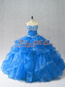 Inexpensive Sleeveless Organza Floor Length Lace Up Ball Gown Prom Dress in Blue with Beading and Ruffles