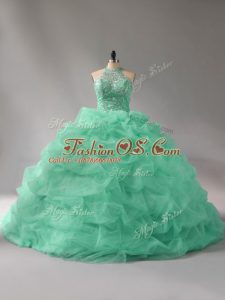 Apple Green Ball Gowns Beading and Pick Ups 15th Birthday Dress Lace Up Organza Sleeveless