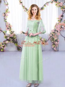 Noble Apple Green Empire Off The Shoulder Half Sleeves Tulle Floor Length Side Zipper Lace and Belt Quinceanera Court of Honor Dress