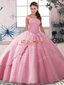 Most Popular Rose Pink Ball Gown Prom Dress Off The Shoulder Sleeveless Brush Train Lace Up
