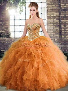 Orange Sweet 16 Dress Military Ball and Sweet 16 and Quinceanera with Beading and Ruffles Sweetheart Sleeveless Lace Up
